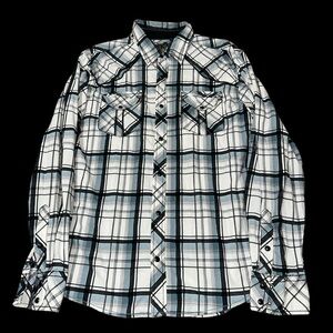bke athletic fit pearl snap shirt men’s large plaid long sleeve western stretch
